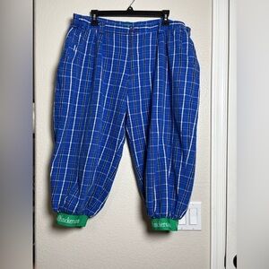 Men’s Blue Plaid Golf Knickers Pants with Green Cuffs. Comfort Elastic Sides.